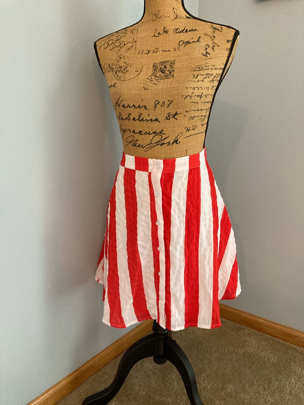 NWT Glamorous Red & White Stripe Button-Front Skater Skirt Wome Size 12
